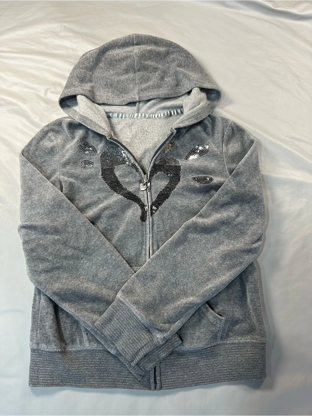 Justice Gray Velour Zip Hoodie with Sequin Heart size 16 girls